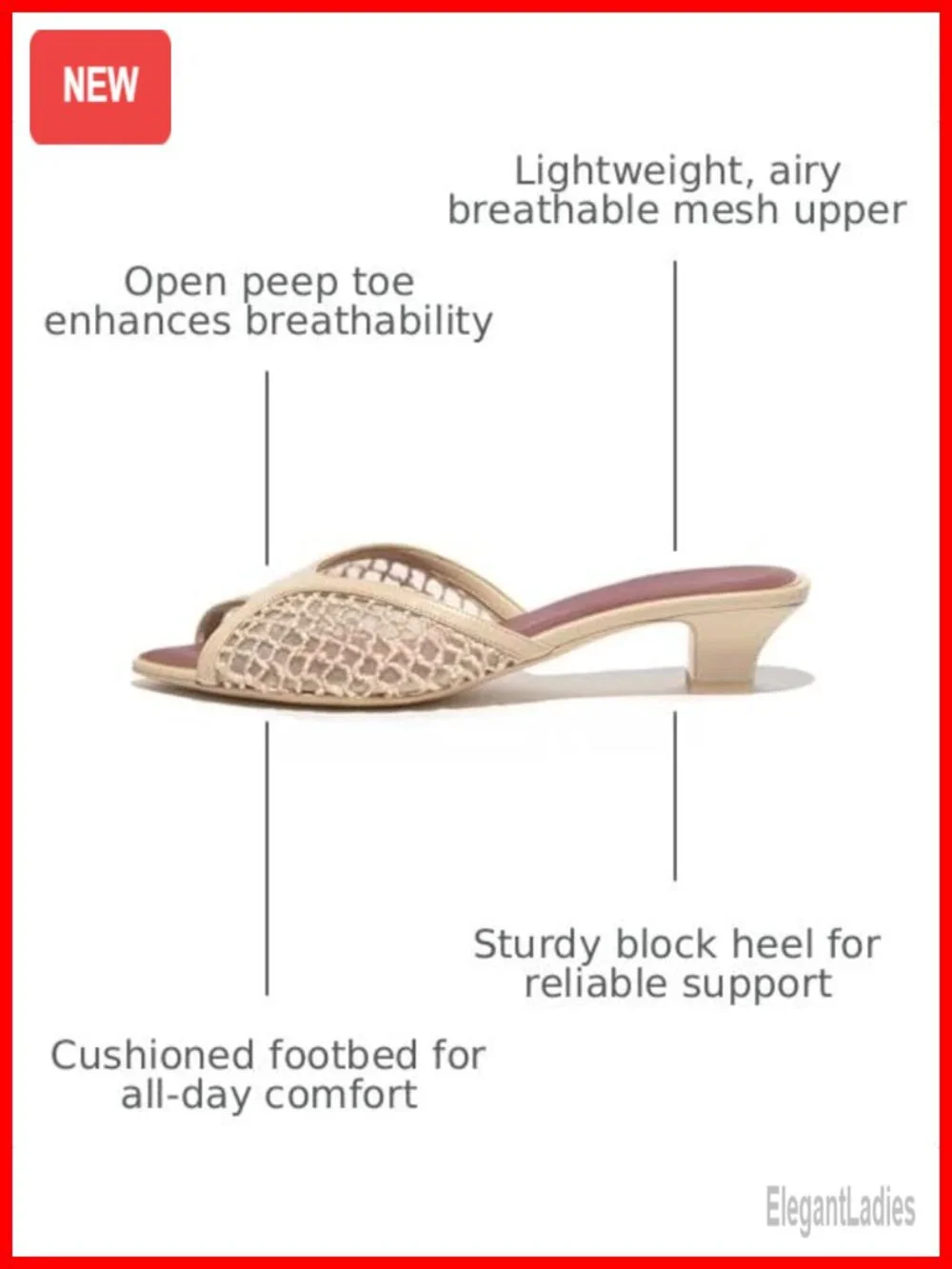 Chunky Peep Toe Heel Sandals Mesh Slip-On Mules for Women